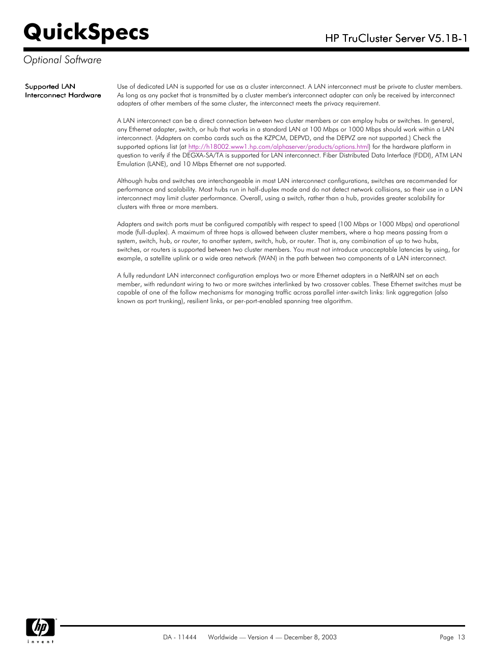 Quickspecs, Hp trucluster server v5.1b-1, Hp trucluster server v5.1b-1 optional software | HP V5. 1B-1 User Manual | Page 13 / 19