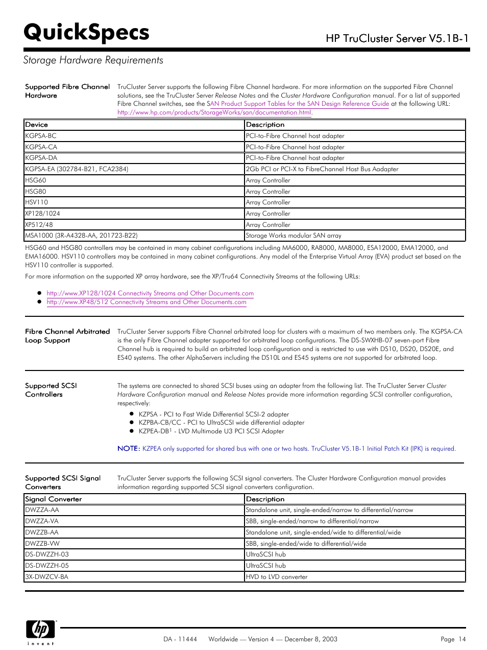 Storage hardware requirements, Quickspecs, Hp trucluster server v5.1b-1 | HP V5. 1B-1 User Manual | Page 14 / 19