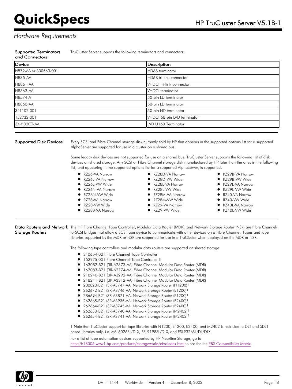 Hardware requirements, Quickspecs, Hp trucluster server v5.1b-1 | Hp trucluster server v5.1b-1 hardware requirements | HP V5. 1B-1 User Manual | Page 16 / 19