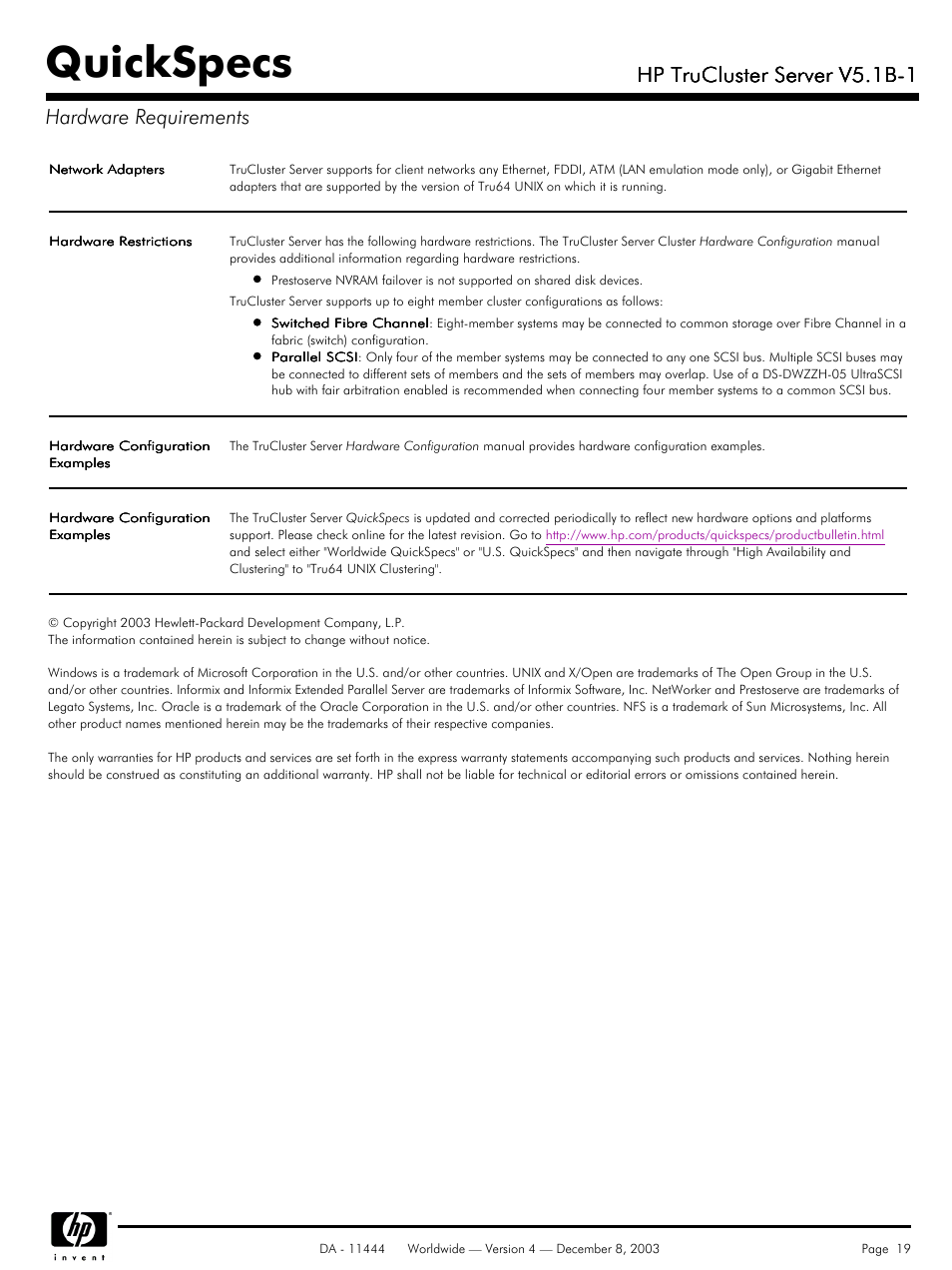 Quickspecs, Hp trucluster server v5.1b-1, Hp trucluster server v5.1b-1 hardware requirements | HP V5. 1B-1 User Manual | Page 19 / 19