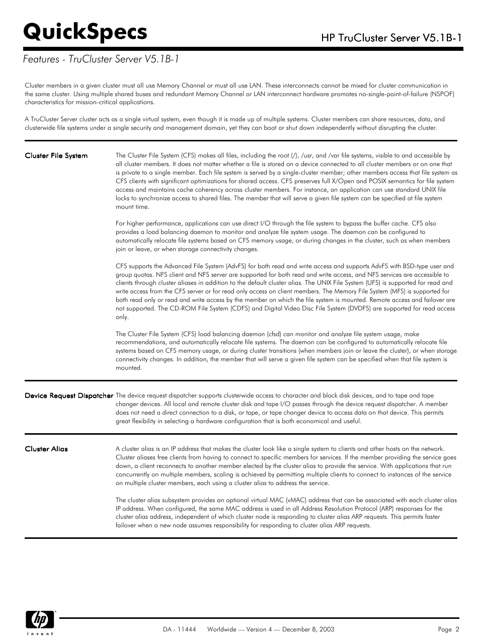 Features - trucluster server v5.1b-1, Quickspecs, Hp trucluster server v5.1b-1 | HP V5. 1B-1 User Manual | Page 2 / 19