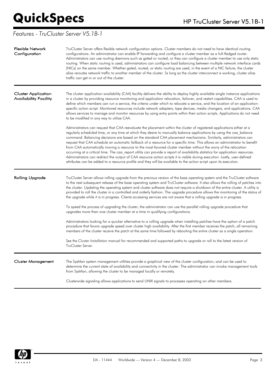 Quickspecs, Hp trucluster server v5.1b-1 | HP V5. 1B-1 User Manual | Page 3 / 19