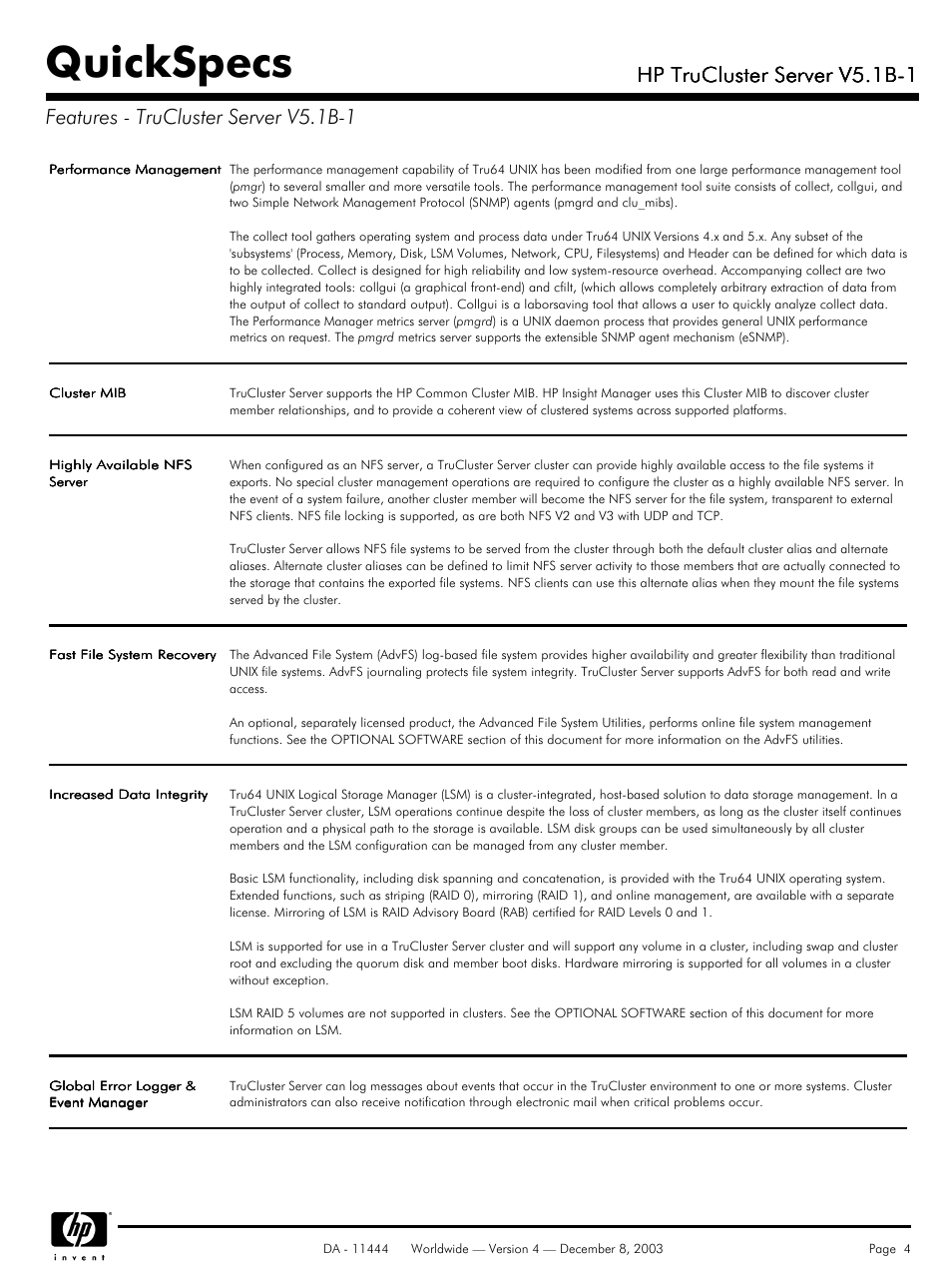 Quickspecs, Hp trucluster server v5.1b-1 | HP V5. 1B-1 User Manual | Page 4 / 19