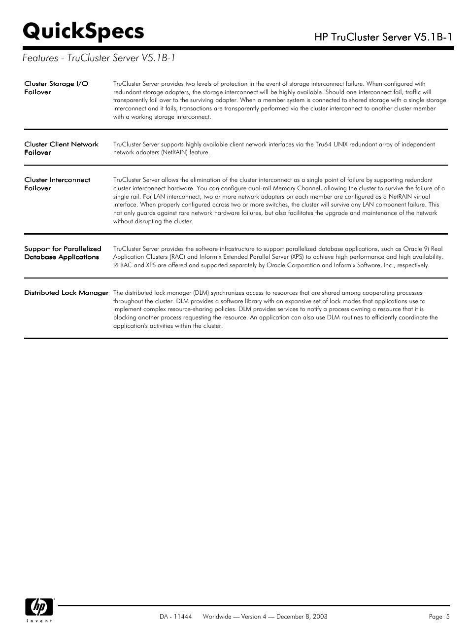 Quickspecs, Hp trucluster server v5.1b-1 | HP V5. 1B-1 User Manual | Page 5 / 19