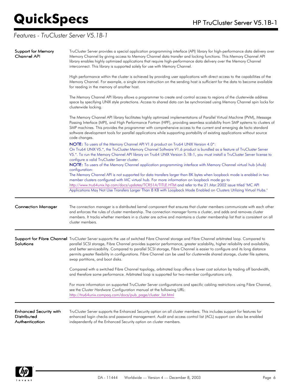 Quickspecs, Hp trucluster server v5.1b-1 | HP V5. 1B-1 User Manual | Page 6 / 19