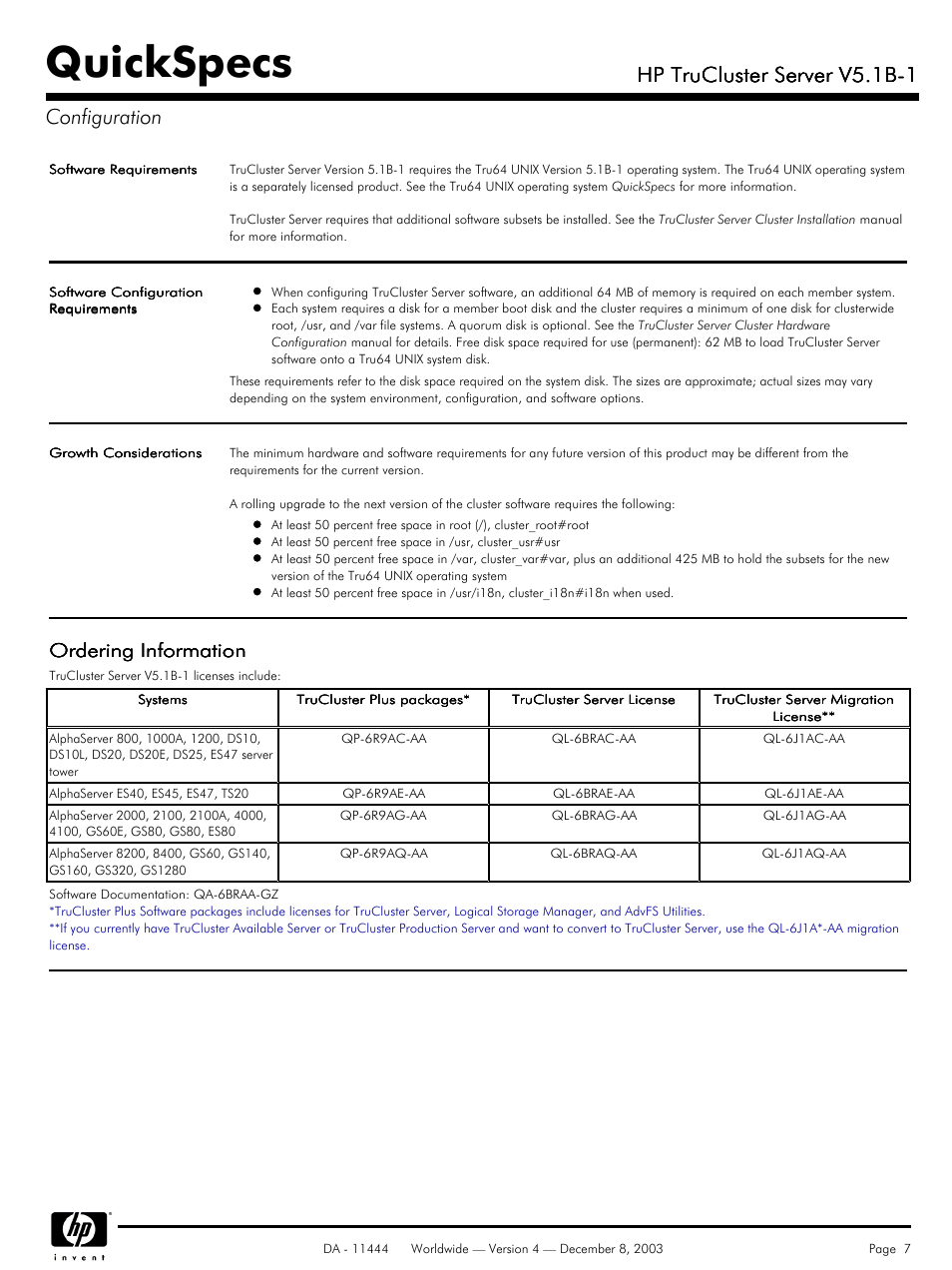 Configuration, Quickspecs, Hp trucluster server v5.1b-1 | Hp trucluster server v5.1b-1 configuration, Ordering information | HP V5. 1B-1 User Manual | Page 7 / 19