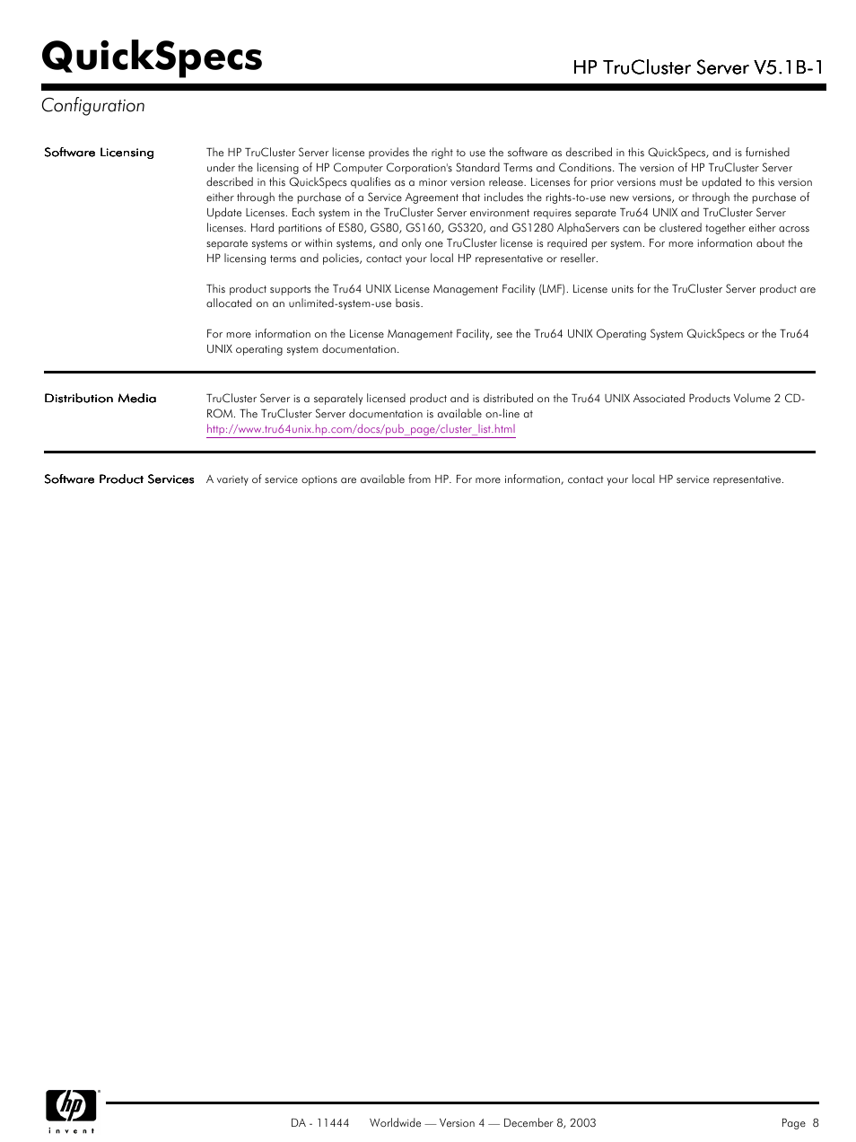 Quickspecs, Hp trucluster server v5.1b-1, Hp trucluster server v5.1b-1 configuration | HP V5. 1B-1 User Manual | Page 8 / 19