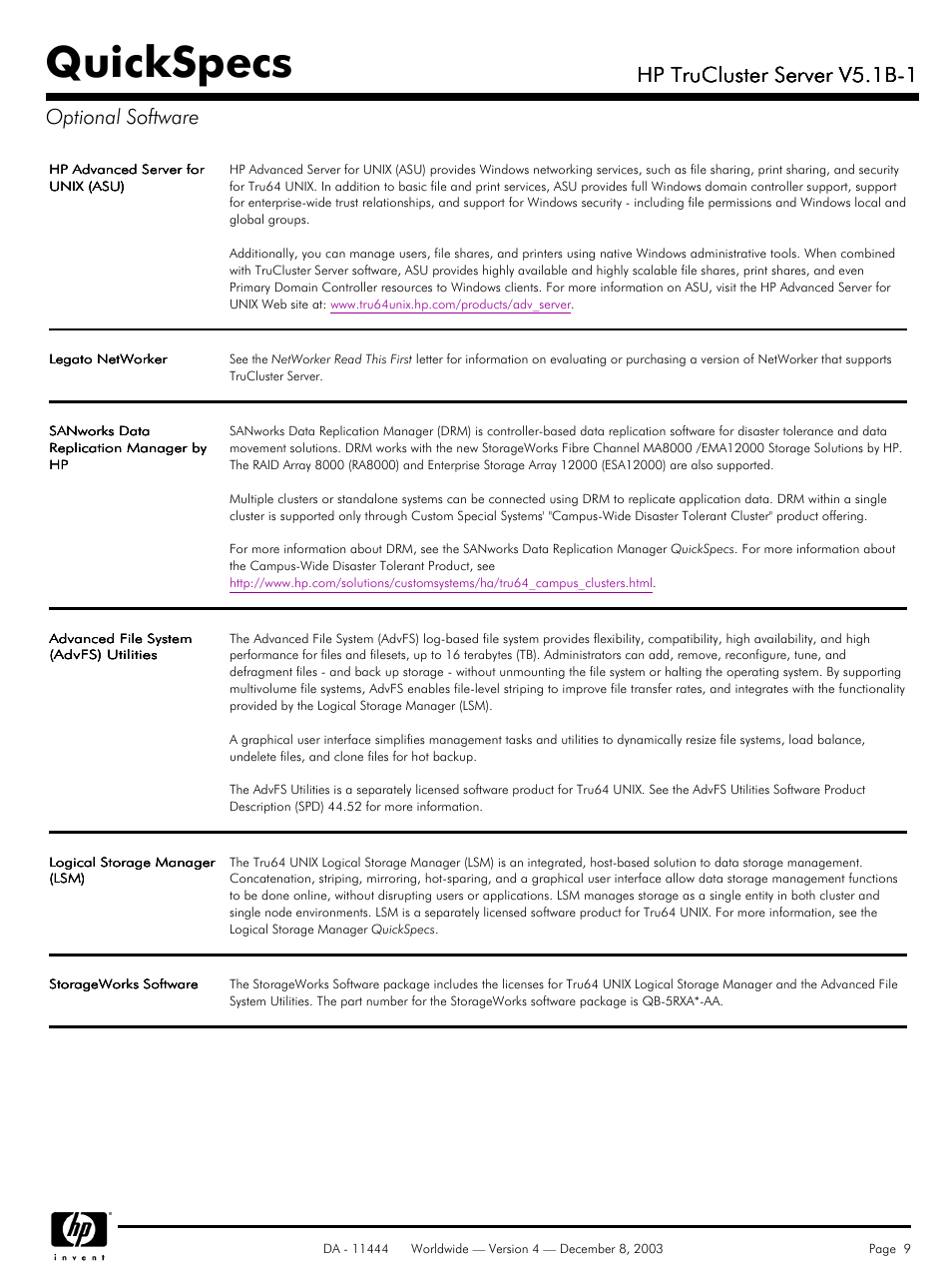 Optional software, Quickspecs, Hp trucluster server v5.1b-1 | Hp trucluster server v5.1b-1 optional software | HP V5. 1B-1 User Manual | Page 9 / 19