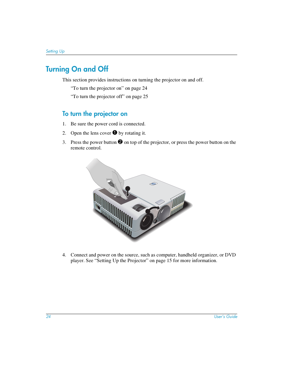 Turning on and off, To turn the projector on | HP mp3220 series User Manual | Page 24 / 78