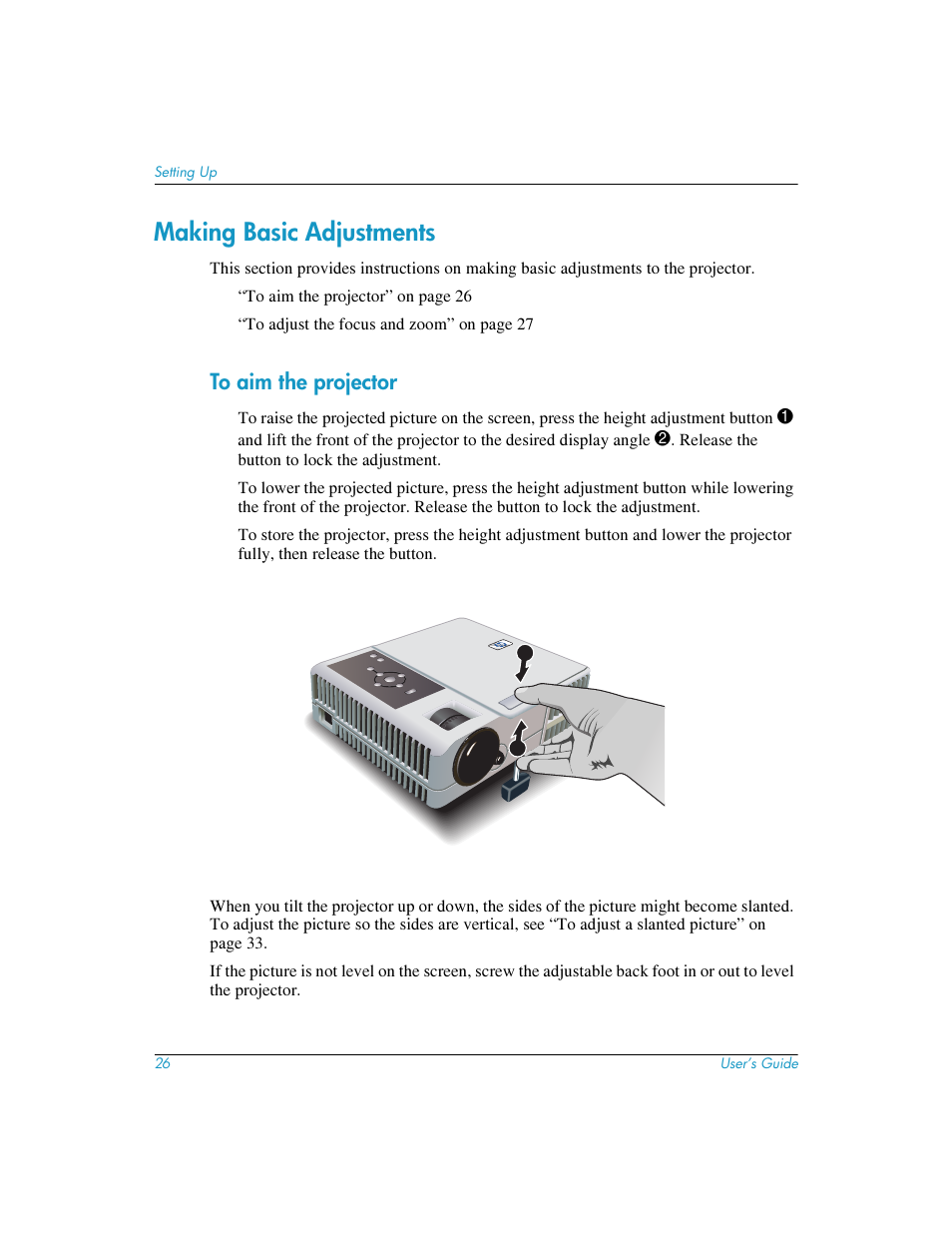 Making basic adjustments, To aim the projector | HP mp3220 series User Manual | Page 26 / 78