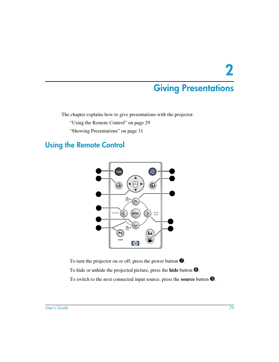 Giving presentations, Using the remote control, 2 giving presentations | HP mp3220 series User Manual | Page 29 / 78