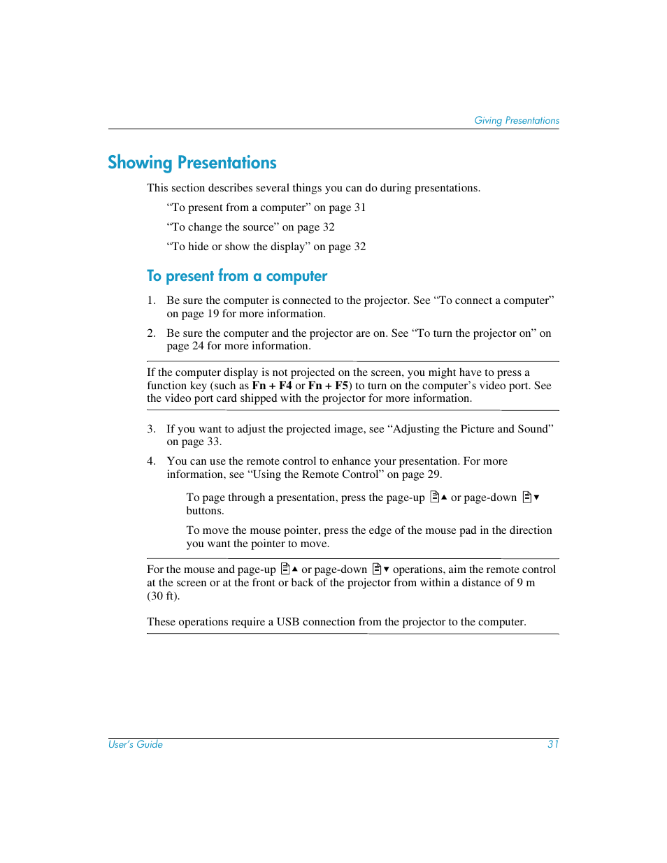 Showing presentations, To present from a computer | HP mp3220 series User Manual | Page 31 / 78