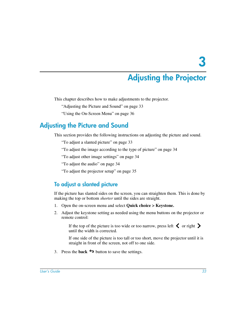 Adjusting the projector, Adjusting the picture and sound, To adjust a slanted picture | 3 adjusting the projector, To adjust a slanted picture” on, E “adjusting the picture and sound | HP mp3220 series User Manual | Page 33 / 78