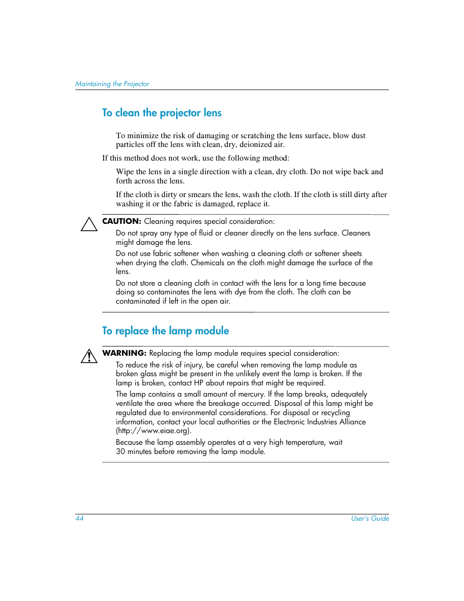 To clean the projector lens, To replace the lamp module | HP mp3220 series User Manual | Page 44 / 78