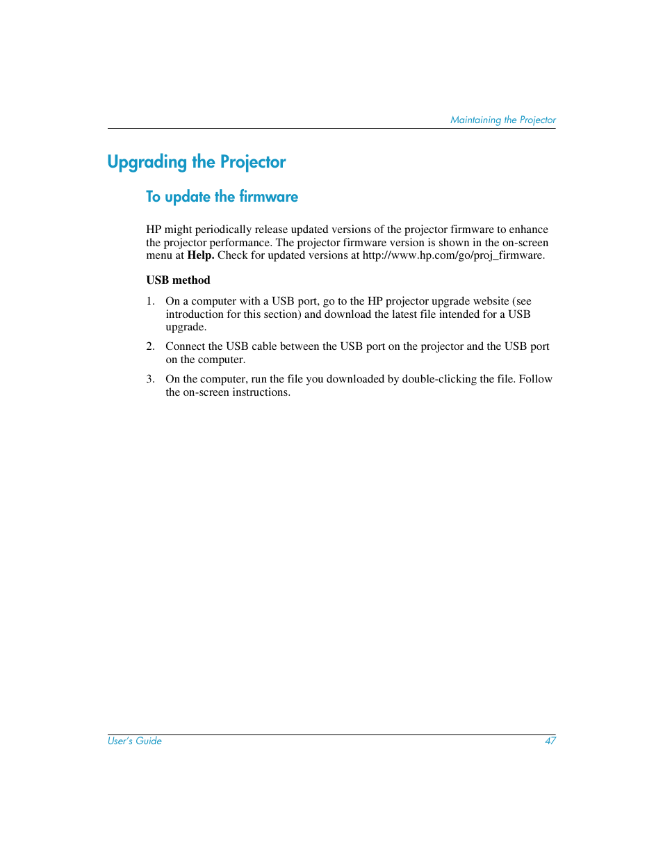 Upgrading the projector, To update the firmware | HP mp3220 series User Manual | Page 47 / 78