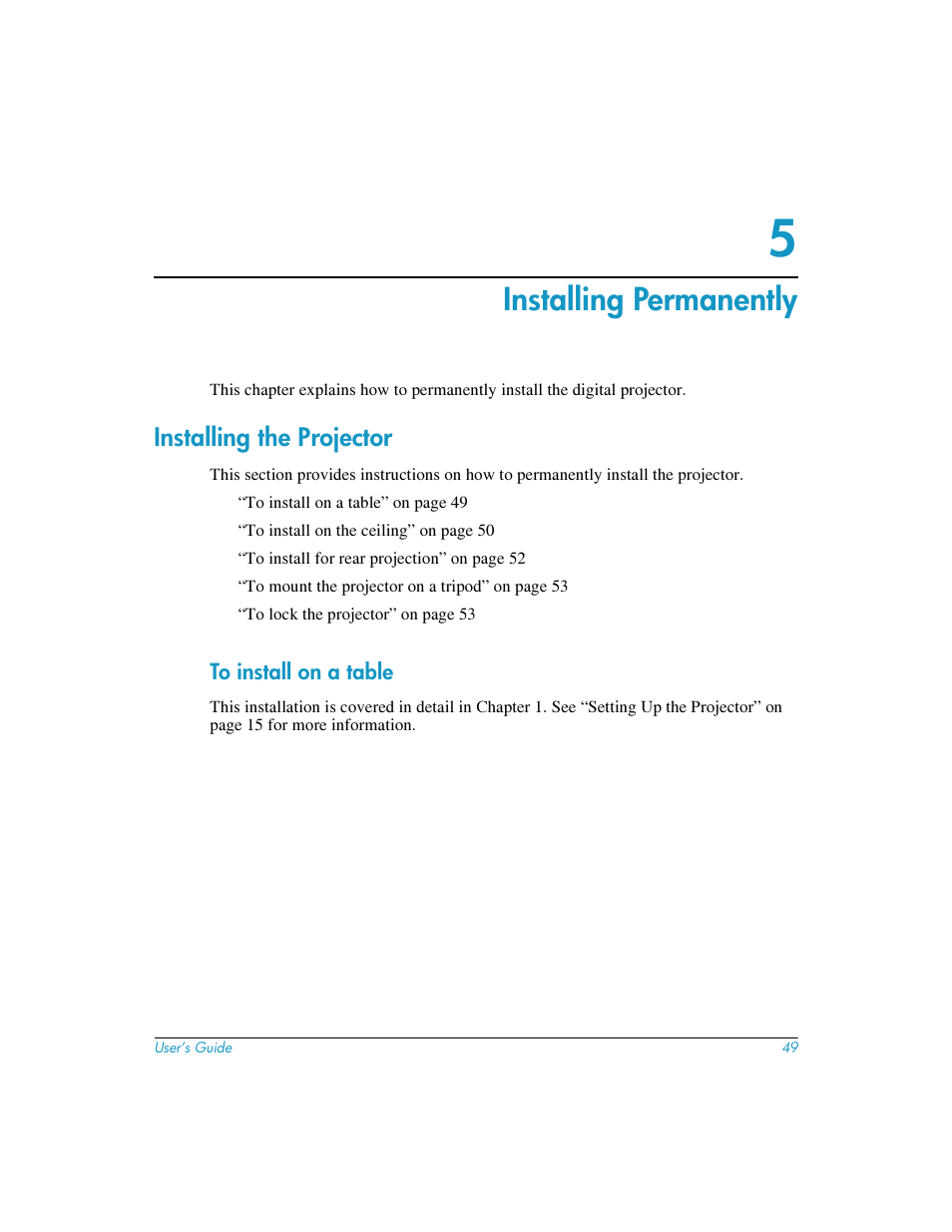 Installing permanently, Installing the projector, To install on a table | 5 installing permanently | HP mp3220 series User Manual | Page 49 / 78