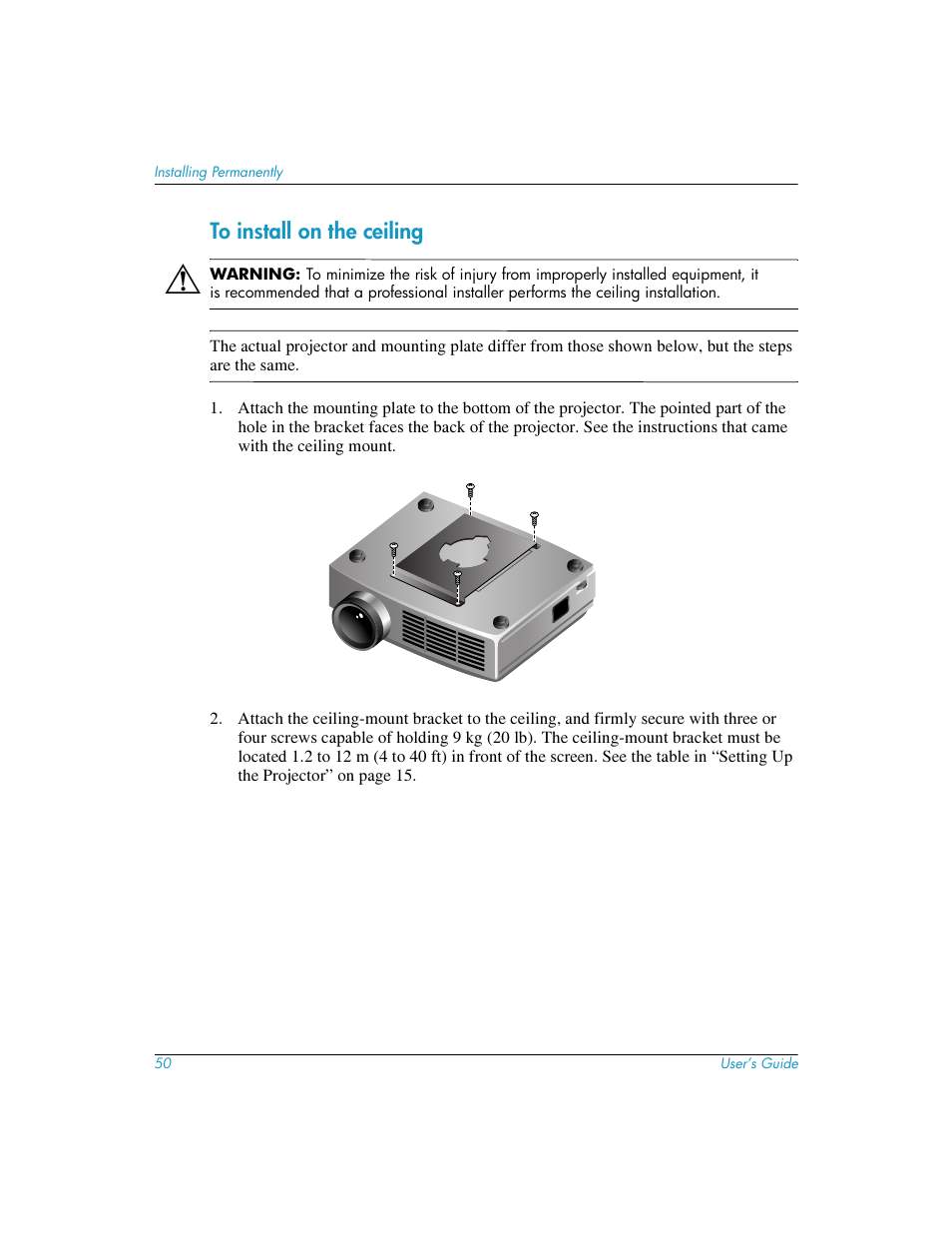 To install on the ceiling | HP mp3220 series User Manual | Page 50 / 78