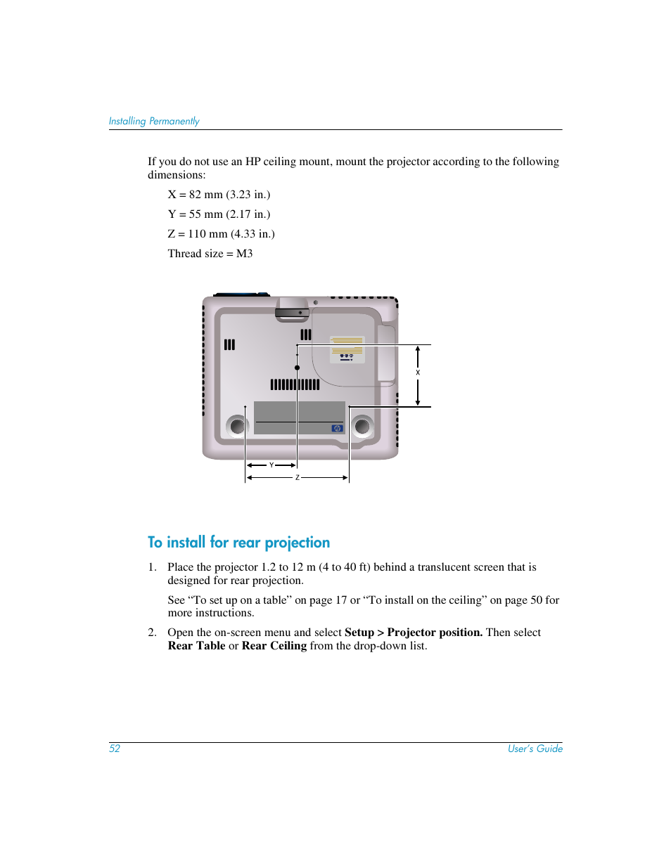 To install for rear projection | HP mp3220 series User Manual | Page 52 / 78