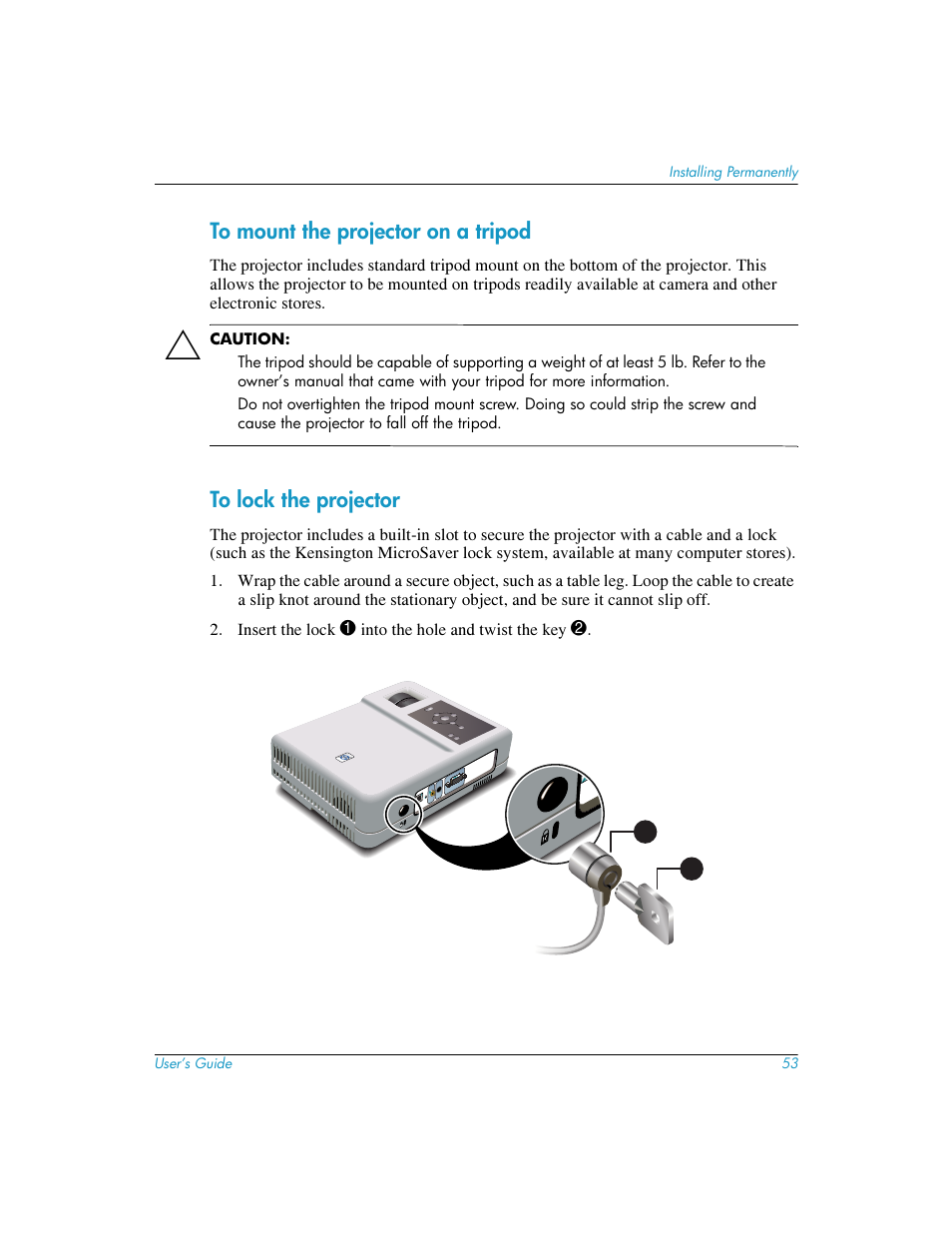 To mount the projector on a tripod, To lock the projector | HP mp3220 series User Manual | Page 53 / 78