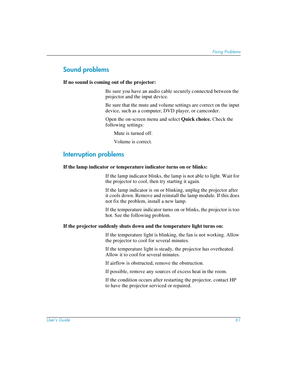 Sound problems, Interruption problems | HP mp3220 series User Manual | Page 61 / 78