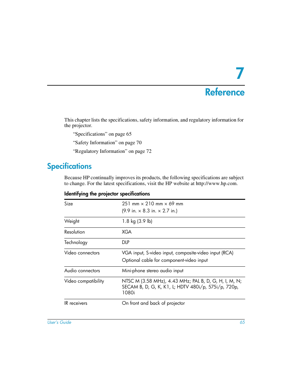 Reference, Specifications, 7 reference | HP mp3220 series User Manual | Page 65 / 78