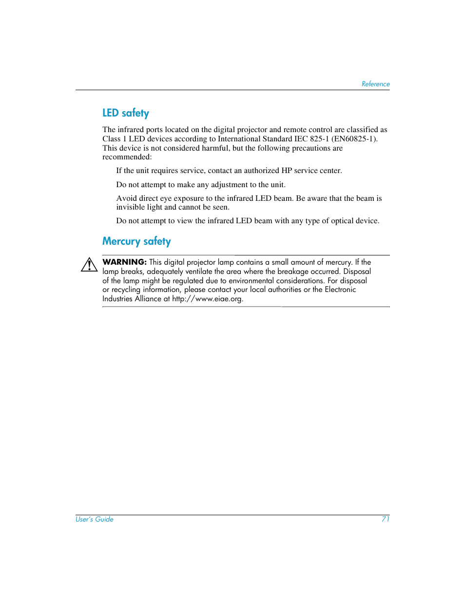 Led safety, Mercury safety | HP mp3220 series User Manual | Page 71 / 78