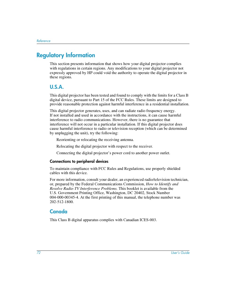 Regulatory information, U.s.a, Canada | HP mp3220 series User Manual | Page 72 / 78