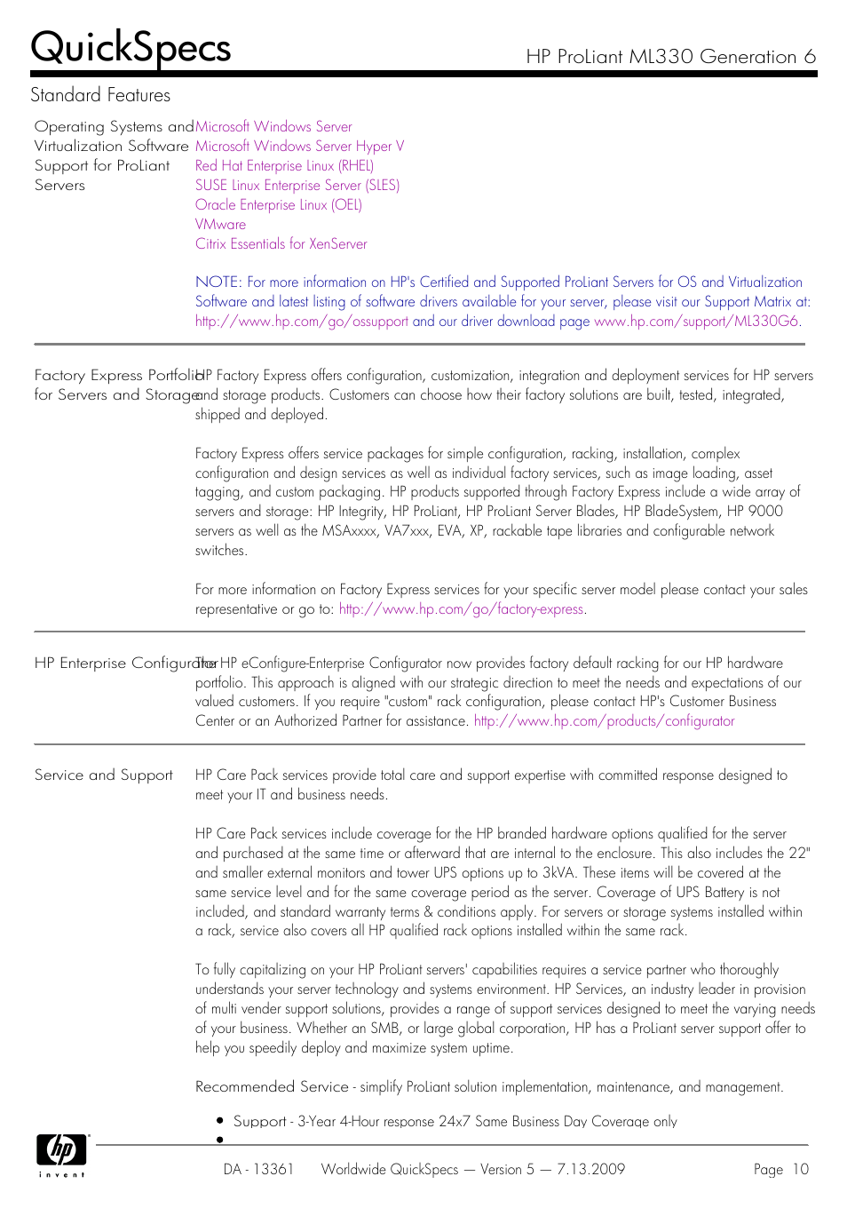 Quickspecs, Hp proliant ml330 generation 6 standard features | HP Hewlett-Packard ProLiant Generation 6 Desktop Computer ML330 User Manual | Page 10 / 41