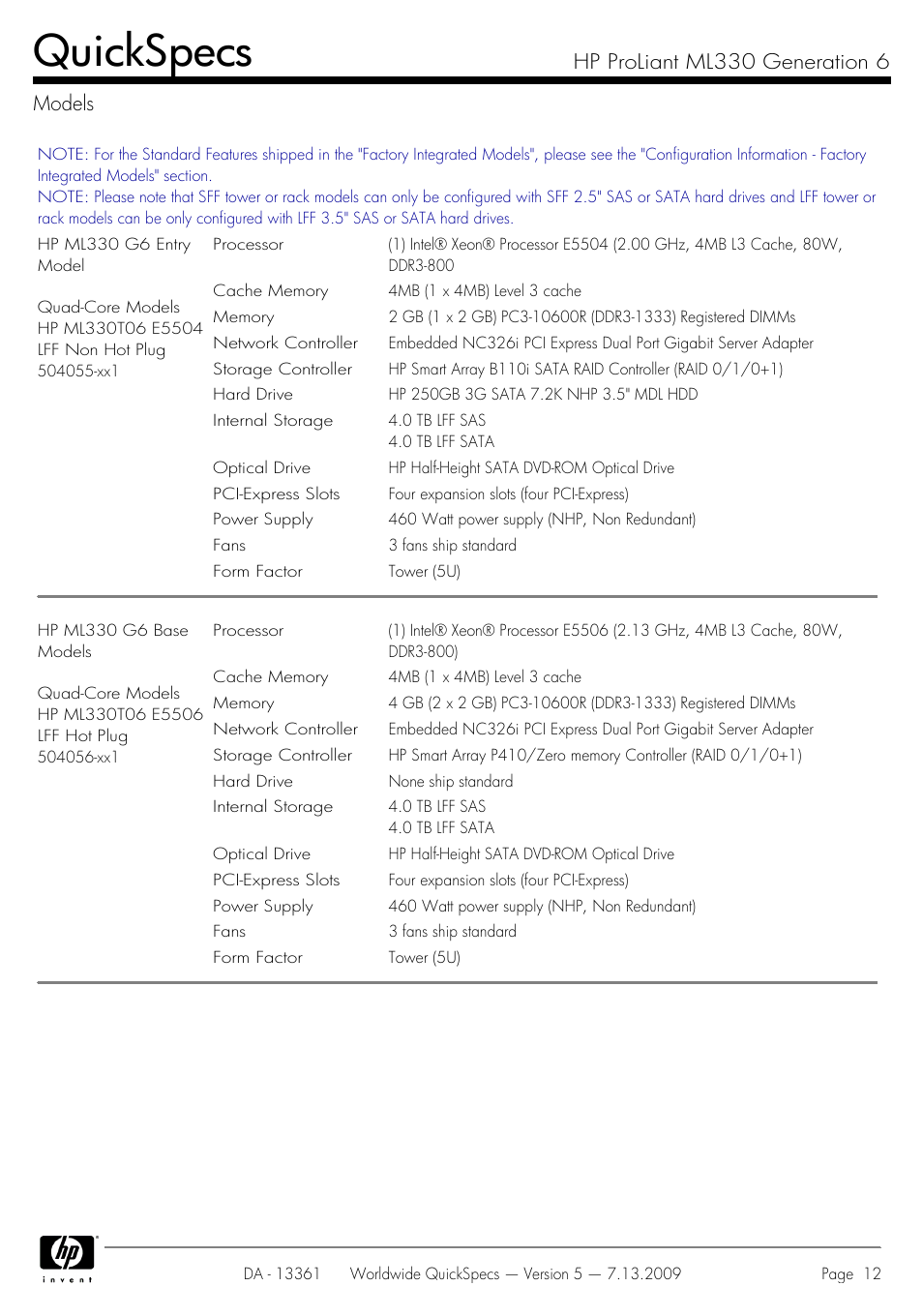 Models, Quickspecs, Hp proliant ml330 generation 6 models | HP Hewlett-Packard ProLiant Generation 6 Desktop Computer ML330 User Manual | Page 12 / 41