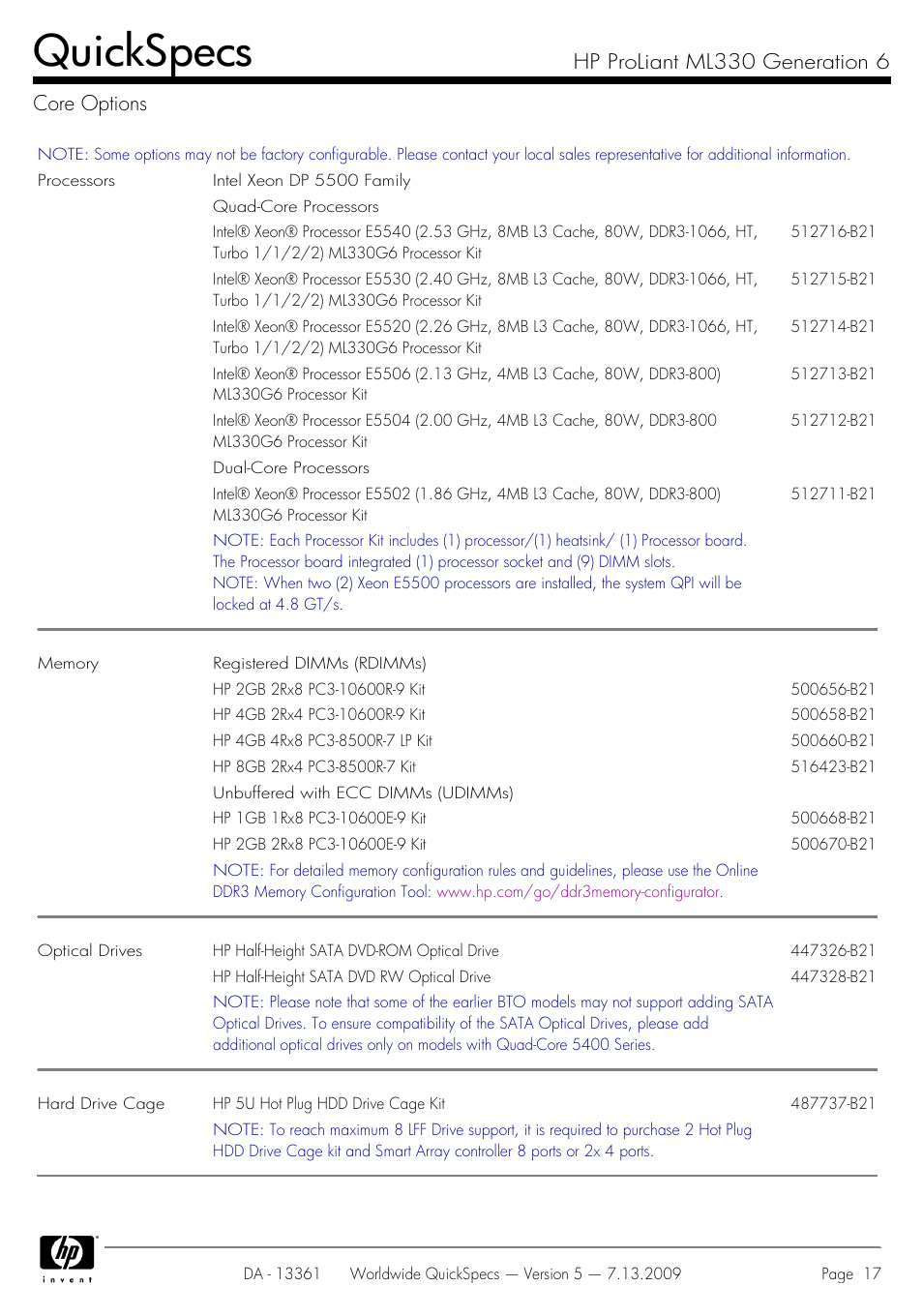 Core options, Quickspecs, Hp proliant ml330 generation 6 core options | HP Hewlett-Packard ProLiant Generation 6 Desktop Computer ML330 User Manual | Page 17 / 41