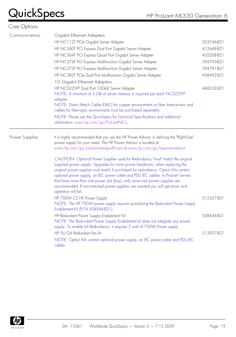 Quickspecs, Hp proliant ml330 generation 6 core options | HP Hewlett-Packard ProLiant Generation 6 Desktop Computer ML330 User Manual | Page 19 / 41