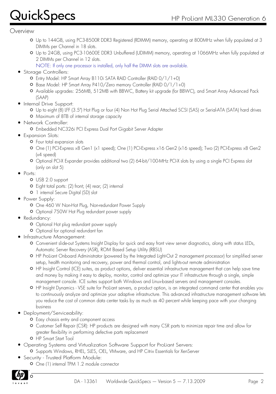 Quickspecs, Hp proliant ml330 generation 6 overview | HP Hewlett-Packard ProLiant Generation 6 Desktop Computer ML330 User Manual | Page 2 / 41