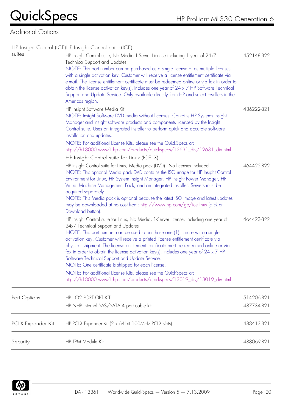 Additional options, Quickspecs, Hp proliant ml330 generation 6 additional options | HP Hewlett-Packard ProLiant Generation 6 Desktop Computer ML330 User Manual | Page 20 / 41