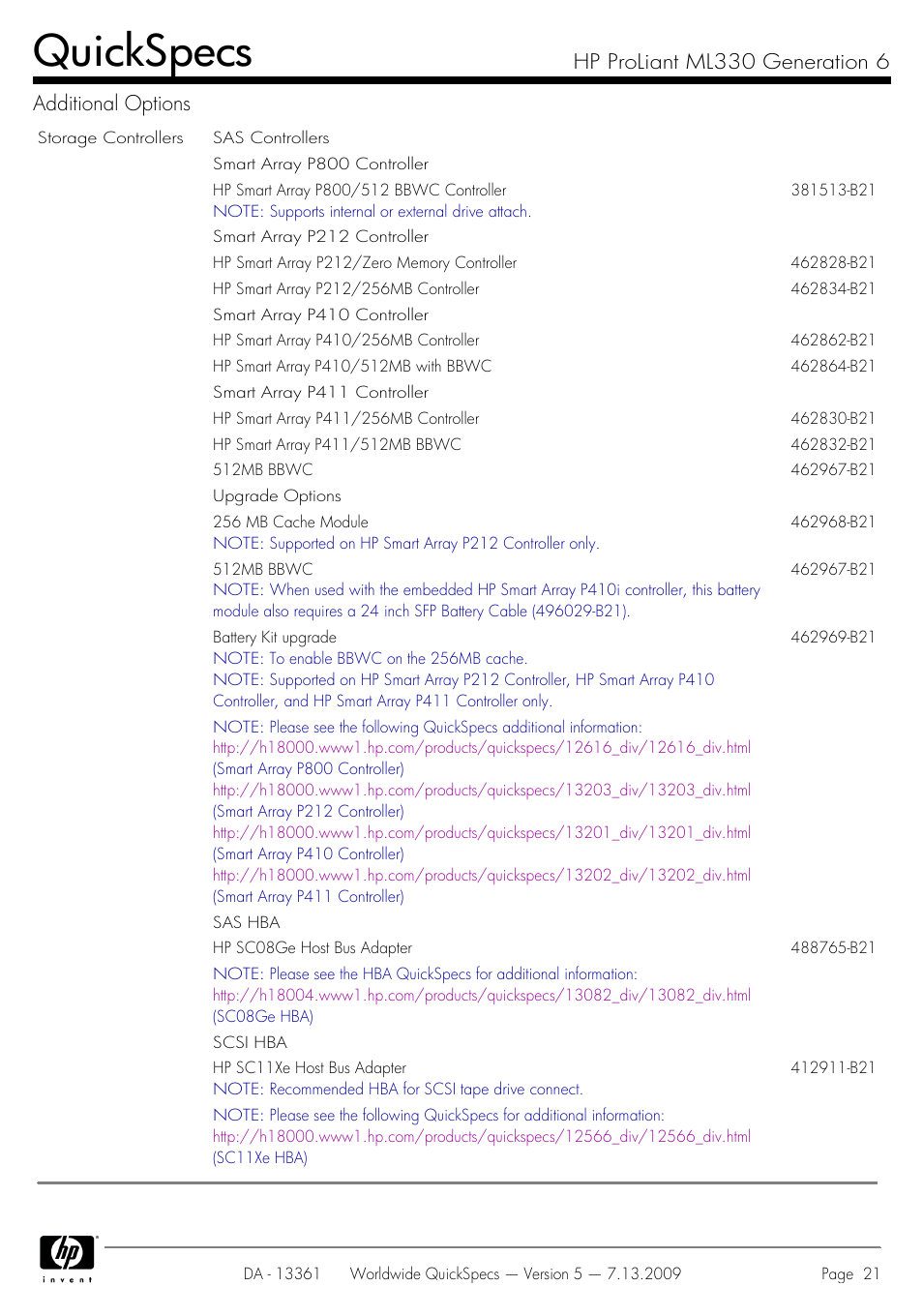 Quickspecs, Hp proliant ml330 generation 6 additional options | HP Hewlett-Packard ProLiant Generation 6 Desktop Computer ML330 User Manual | Page 21 / 41