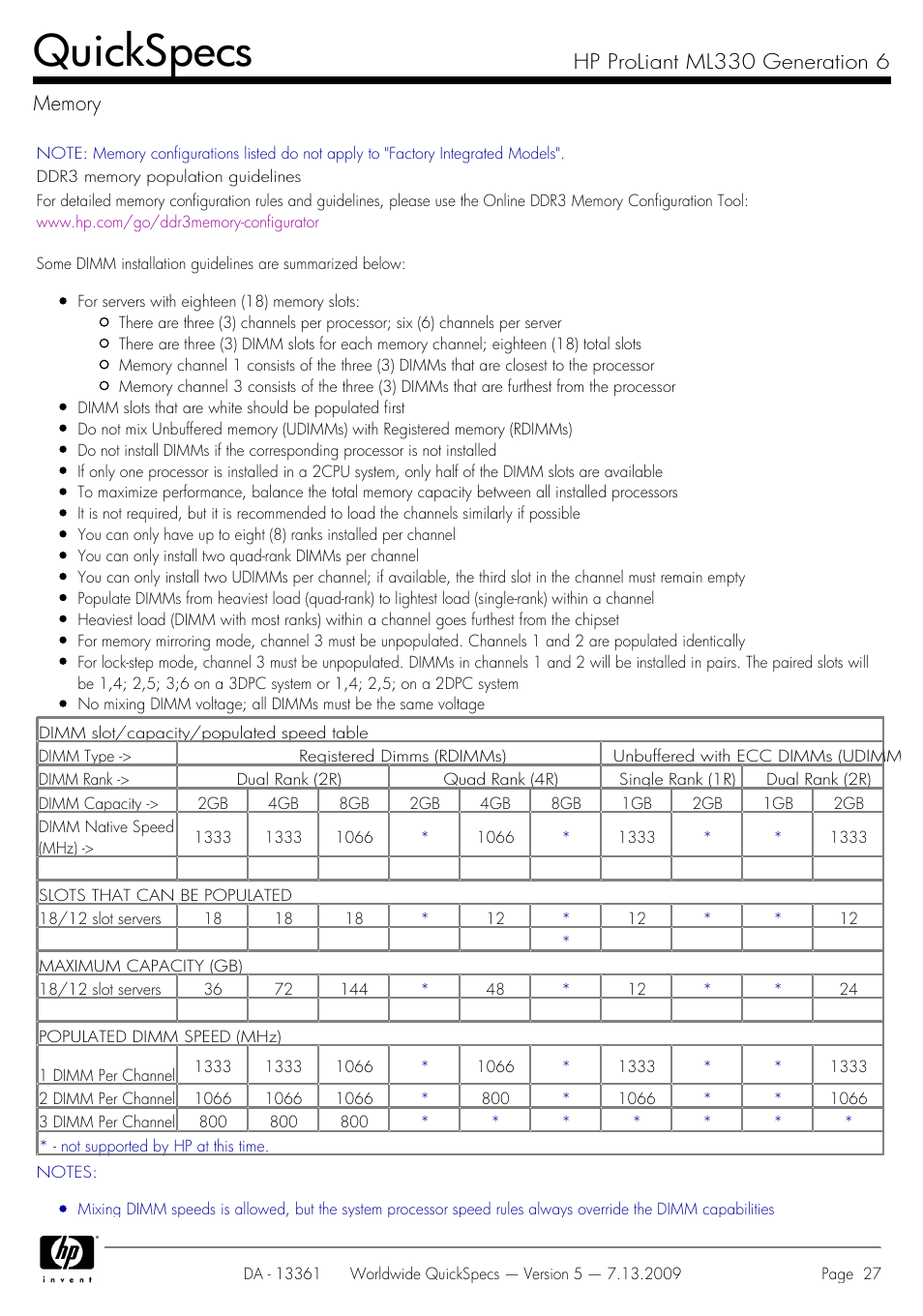 Memory, Quickspecs | HP Hewlett-Packard ProLiant Generation 6 Desktop Computer ML330 User Manual | Page 27 / 41