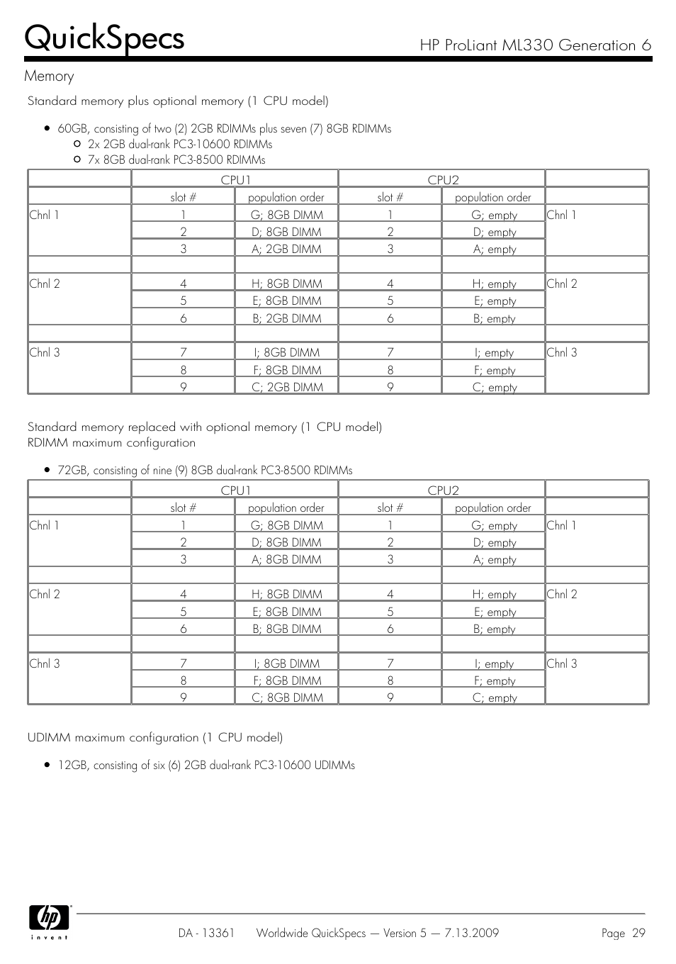 Quickspecs | HP Hewlett-Packard ProLiant Generation 6 Desktop Computer ML330 User Manual | Page 29 / 41