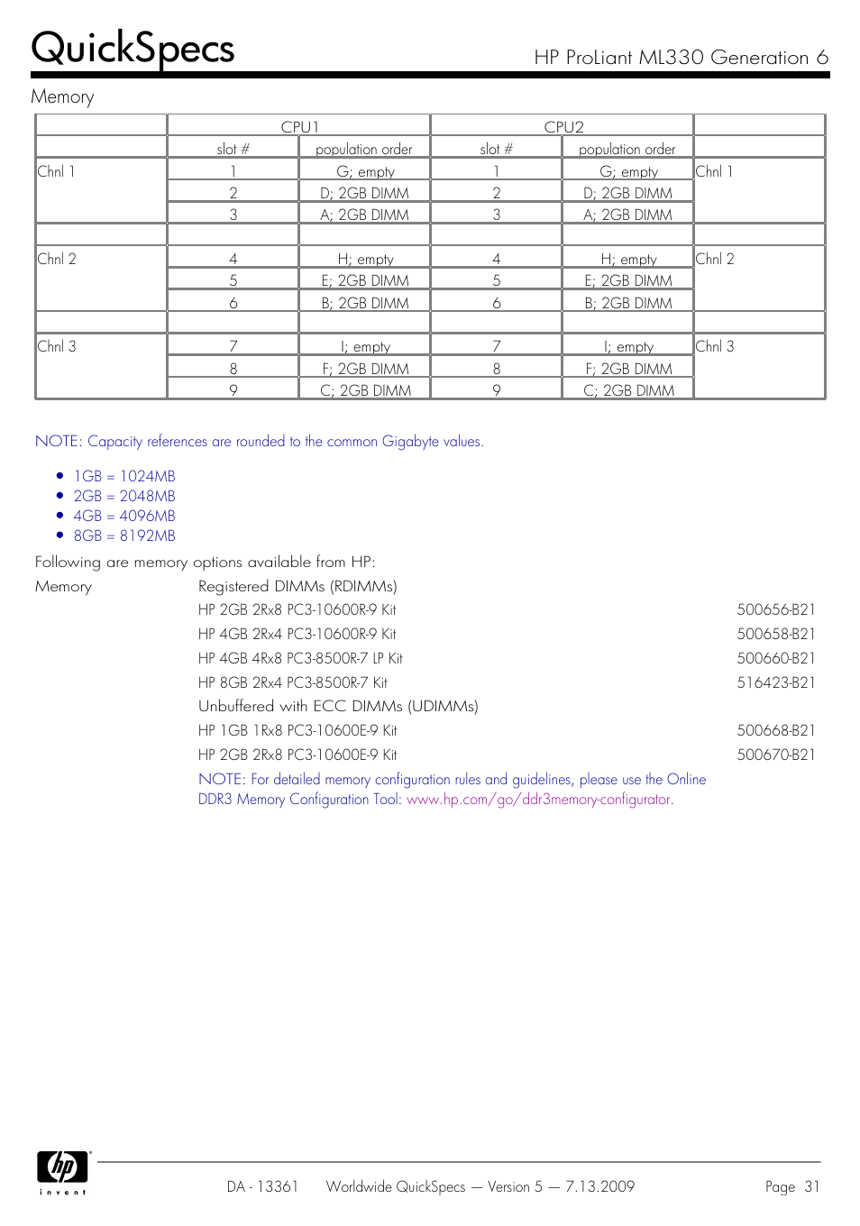 Quickspecs | HP Hewlett-Packard ProLiant Generation 6 Desktop Computer ML330 User Manual | Page 31 / 41