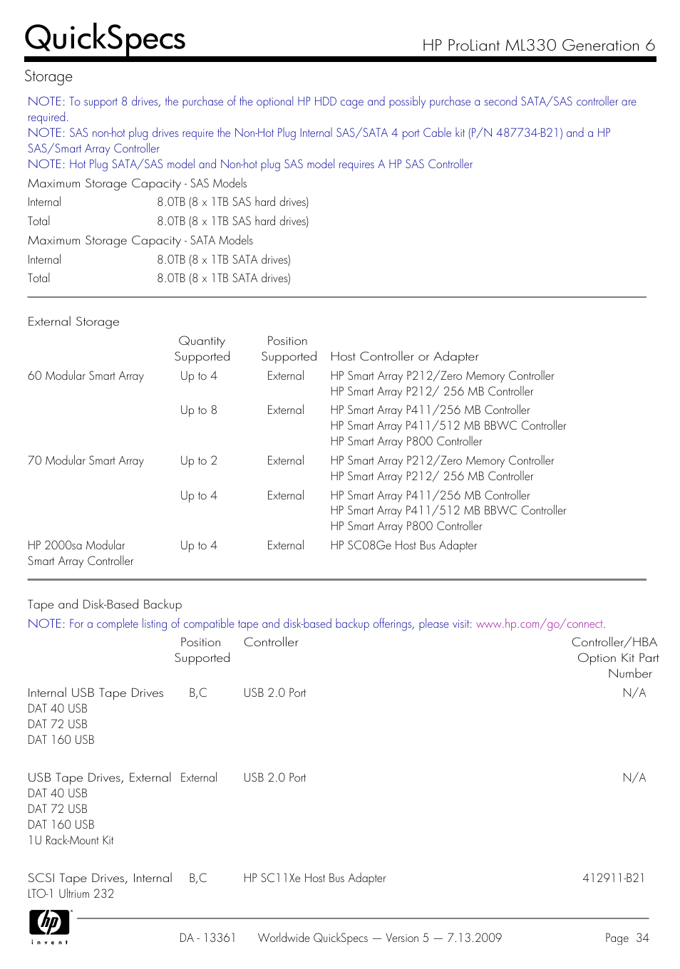 Quickspecs, Hp proliant ml330 generation 6 storage | HP Hewlett-Packard ProLiant Generation 6 Desktop Computer ML330 User Manual | Page 34 / 41