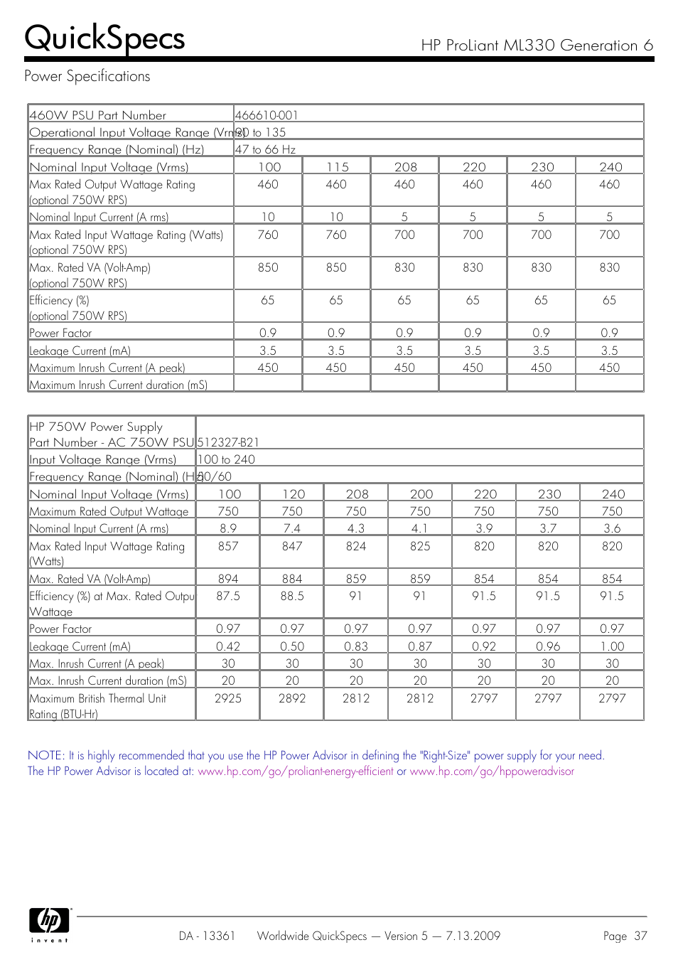 Power specifications, Quickspecs | HP Hewlett-Packard ProLiant Generation 6 Desktop Computer ML330 User Manual | Page 37 / 41