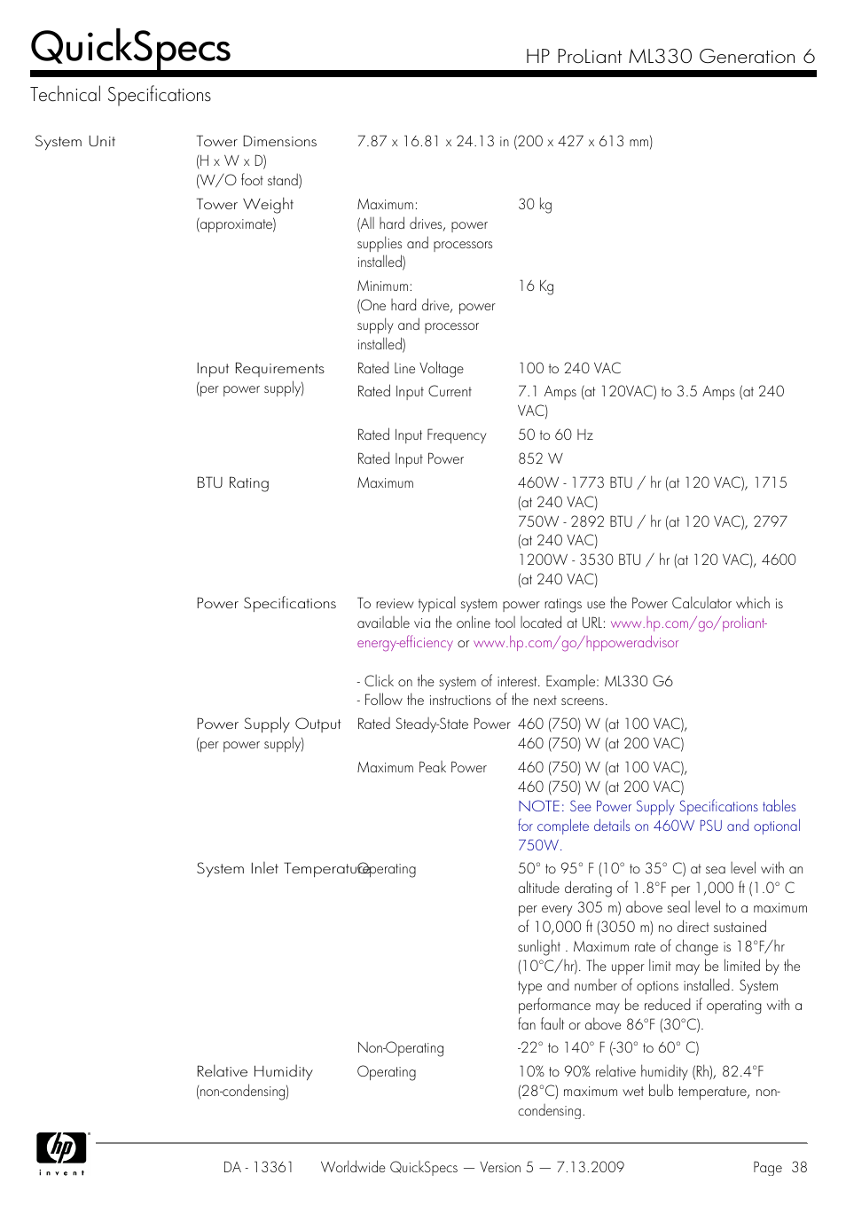 Technical specifications, Quickspecs | HP Hewlett-Packard ProLiant Generation 6 Desktop Computer ML330 User Manual | Page 38 / 41