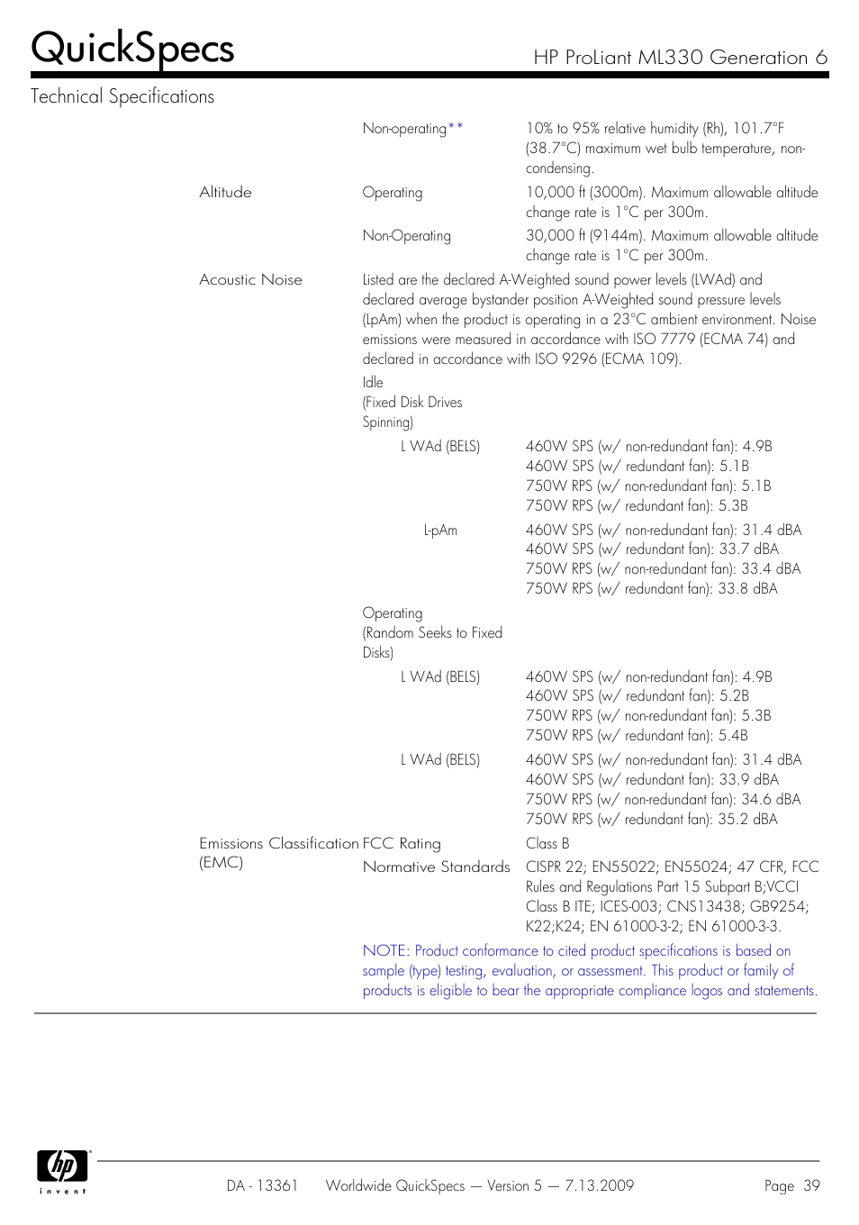 Quickspecs | HP Hewlett-Packard ProLiant Generation 6 Desktop Computer ML330 User Manual | Page 39 / 41