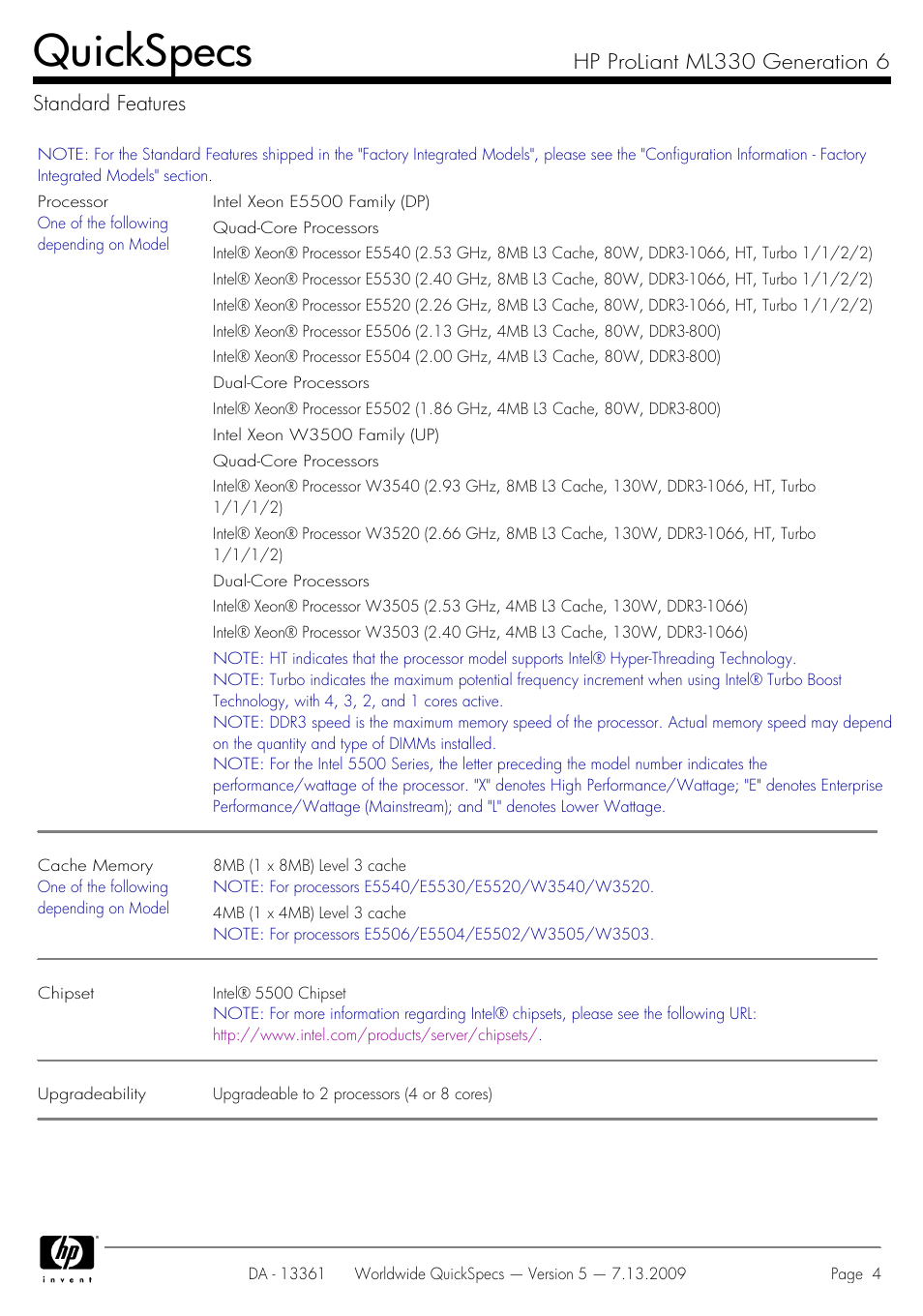 Standard features, Quickspecs, Hp proliant ml330 generation 6 standard features | HP Hewlett-Packard ProLiant Generation 6 Desktop Computer ML330 User Manual | Page 4 / 41