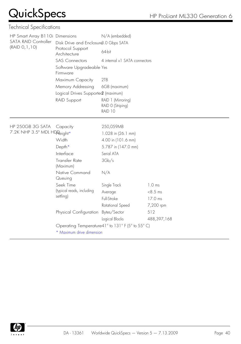 Quickspecs | HP Hewlett-Packard ProLiant Generation 6 Desktop Computer ML330 User Manual | Page 40 / 41