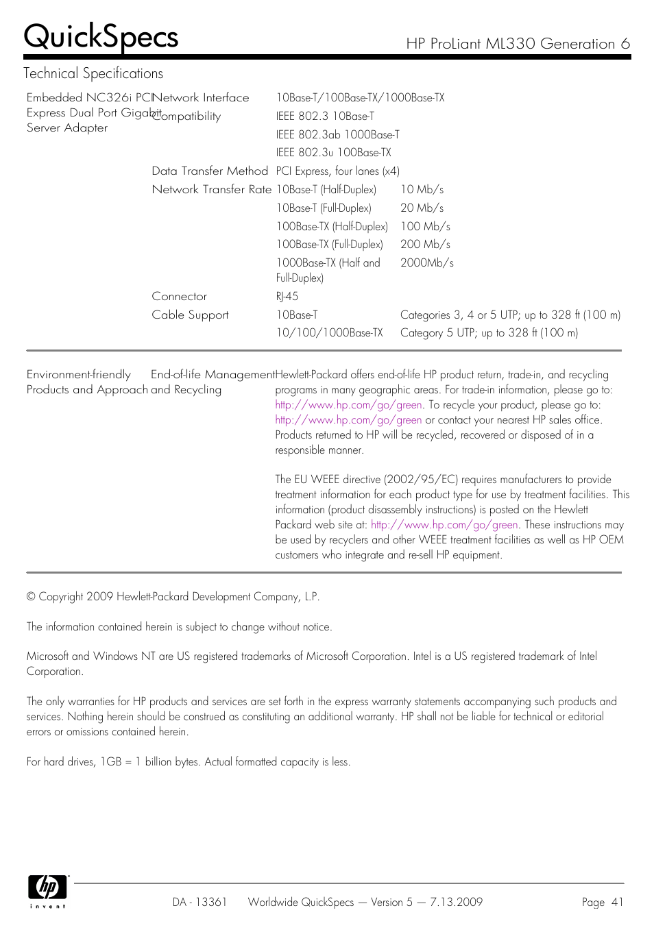 Quickspecs | HP Hewlett-Packard ProLiant Generation 6 Desktop Computer ML330 User Manual | Page 41 / 41