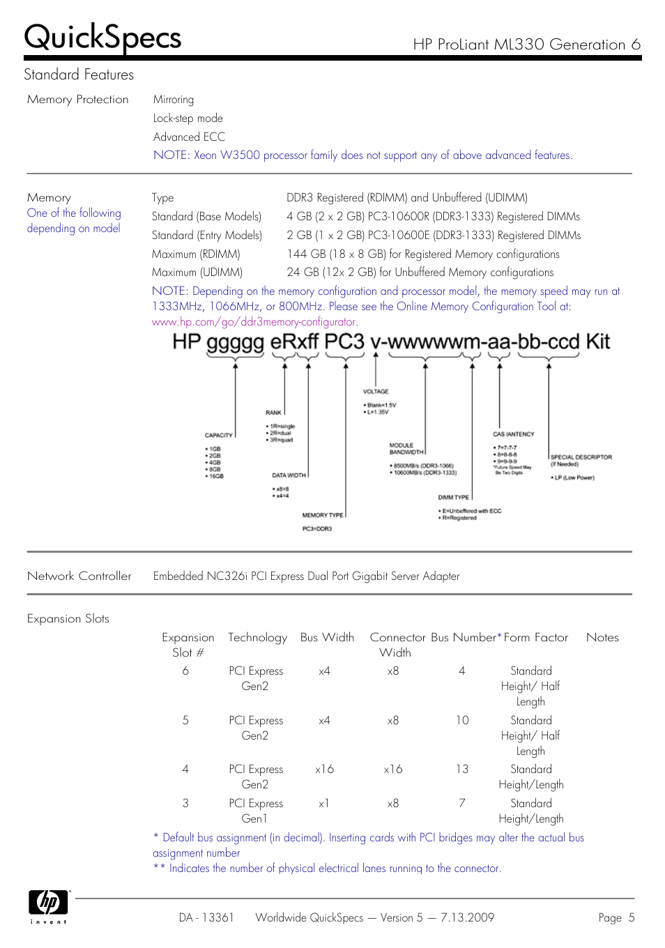 Quickspecs, Hp proliant ml330 generation 6 standard features | HP Hewlett-Packard ProLiant Generation 6 Desktop Computer ML330 User Manual | Page 5 / 41