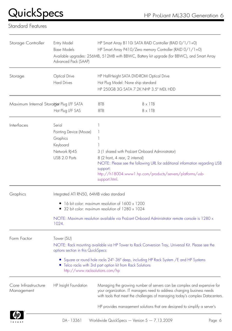 Quickspecs, Hp proliant ml330 generation 6 standard features | HP Hewlett-Packard ProLiant Generation 6 Desktop Computer ML330 User Manual | Page 6 / 41
