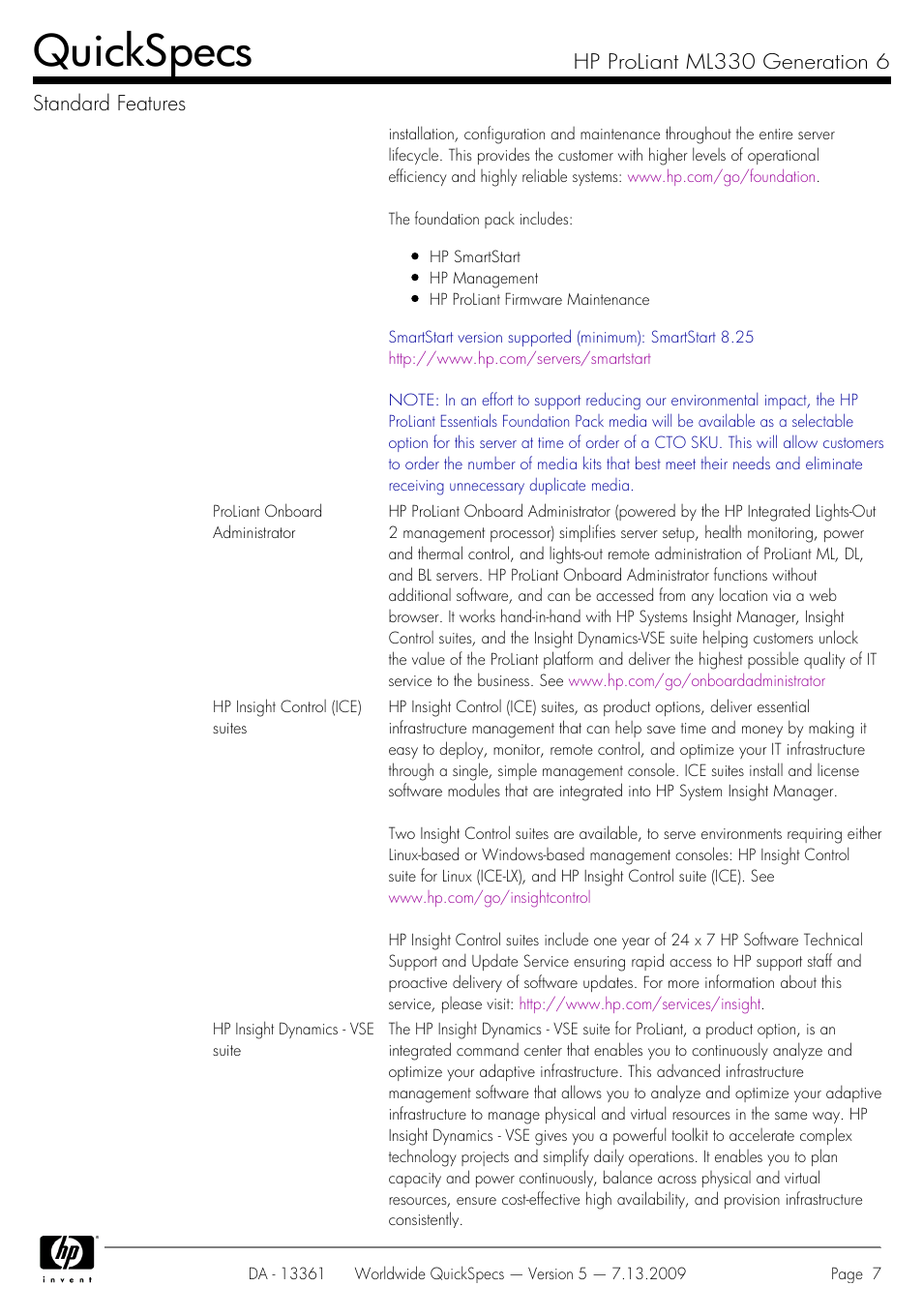 Quickspecs, Hp proliant ml330 generation 6 standard features | HP Hewlett-Packard ProLiant Generation 6 Desktop Computer ML330 User Manual | Page 7 / 41