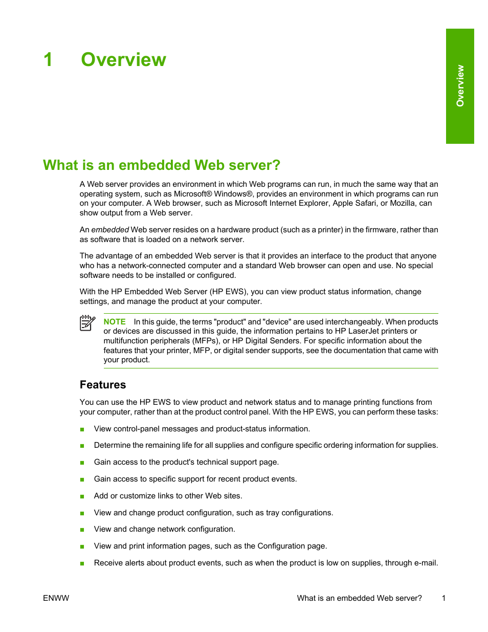 Overview, What is an embedded web server, Features | 1 overview, 1overview | HP 3800 Series User Manual | Page 11 / 74