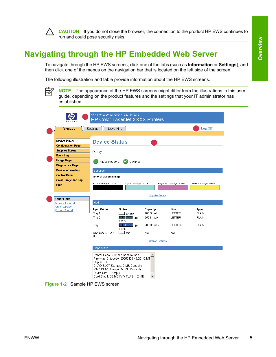 Navigating through the hp embedded web server, Figure 1-2, Sample hp ews screen | HP 3800 Series User Manual | Page 15 / 74