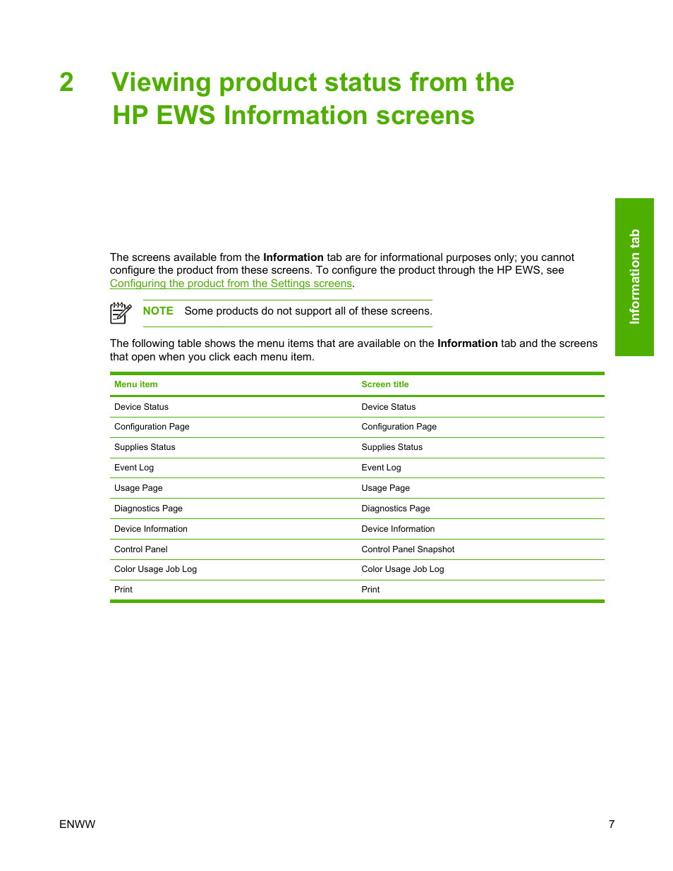 Viewing product status from the, Hp ews information screens | HP 3800 Series User Manual | Page 17 / 74